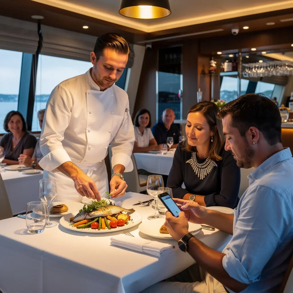 Een luxe jacht dat rustig door de grachten van Amsterdam vaart tijdens een zonsondergang.