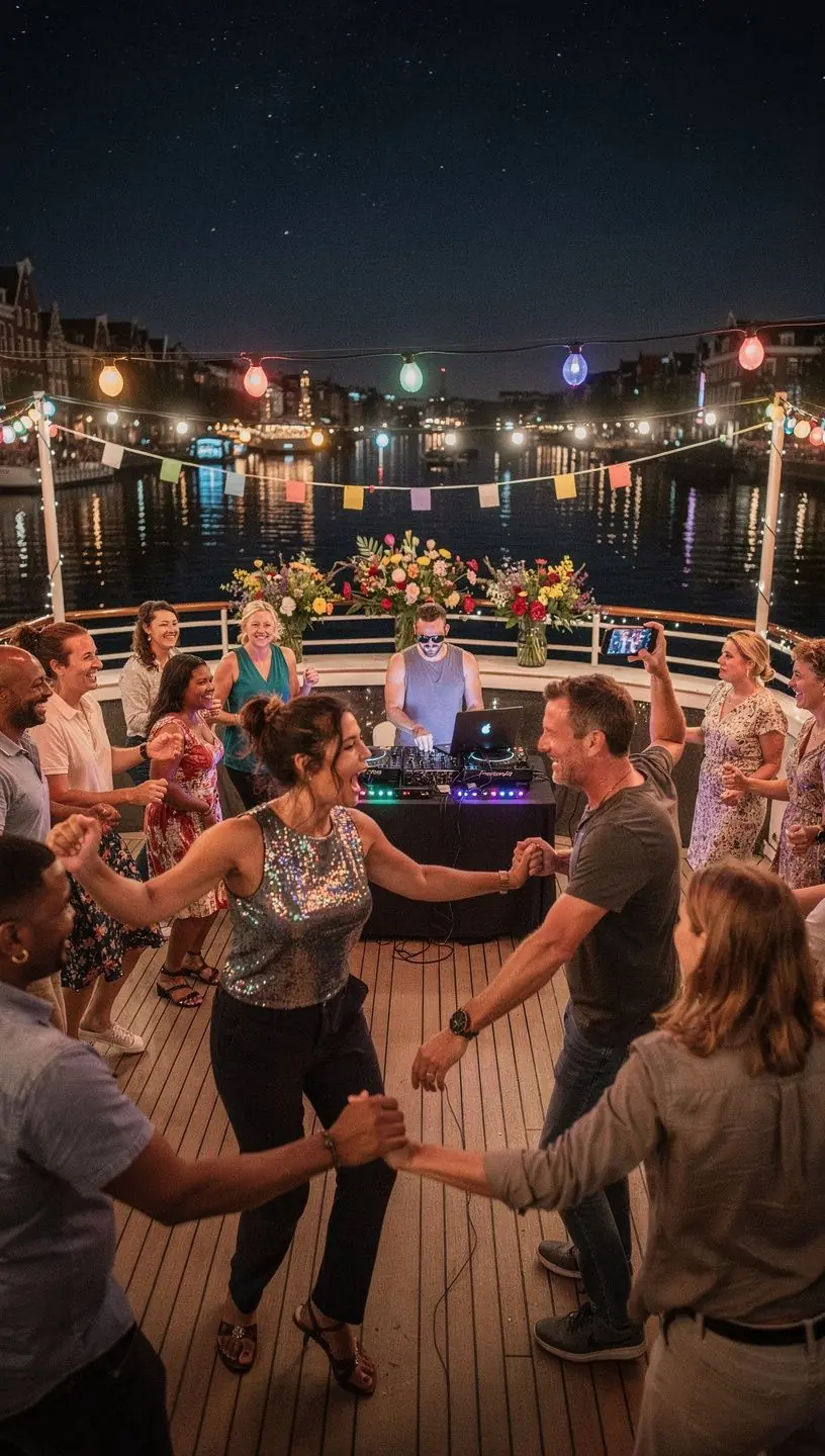Een DJ die op het dek van een luxe jacht draait terwijl gasten dansen onder de sterren.