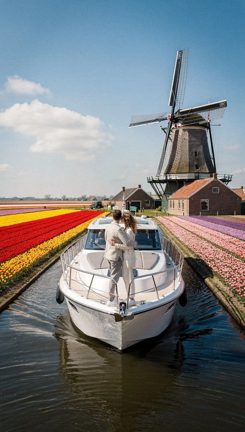 Een romantische setting op het dek van een jacht met kaarslicht tijdens de zonsondergang.